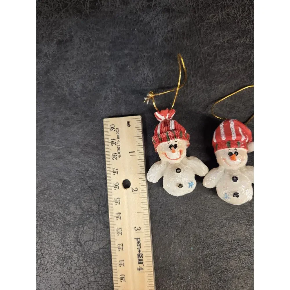 4 Vintage Miniature Glitter Snowman Ornaments Red Green Striped Hats Christmas
